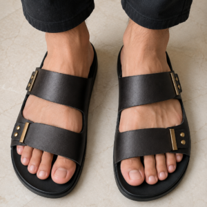 Black leather double-strap sandals