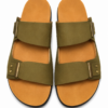 Olive green two-strap buckle sandals for men with tan footbed