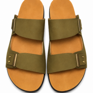 Olive green two-strap buckle sandals for men with tan footbed