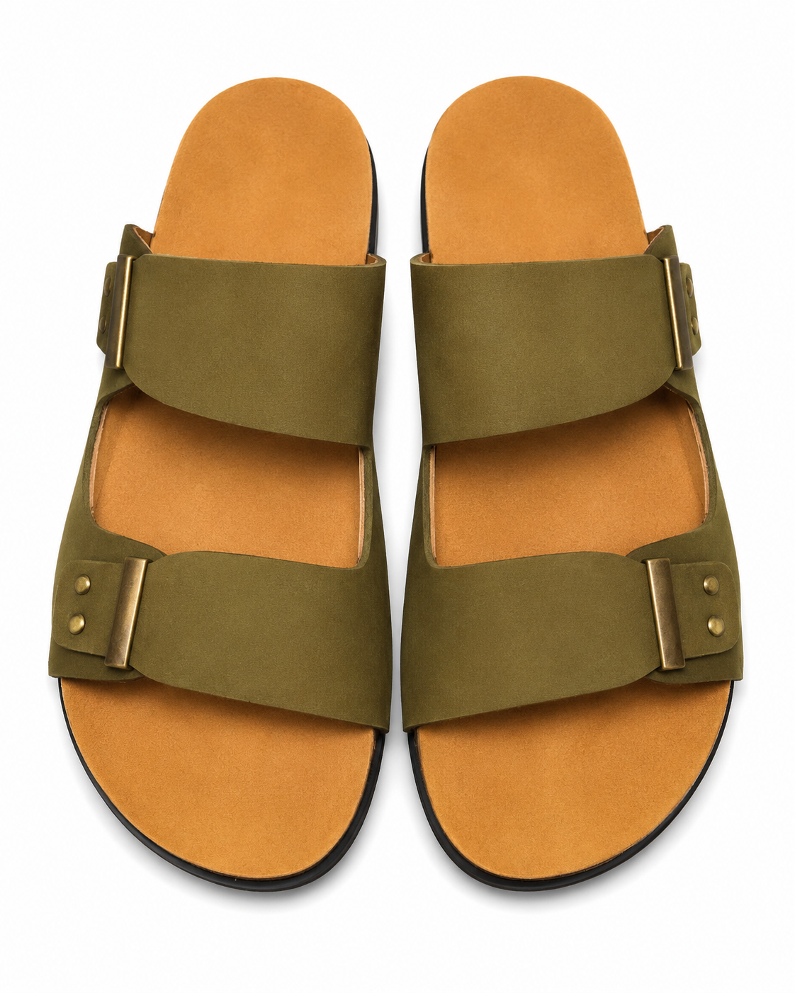 Olive green two-strap buckle sandals for men with tan footbed
