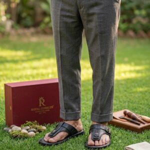 The Royal Cobbler Collection - Men's Handcrafted Genuine Leather Kolhapuri Chappal, Black, Code: B-1450