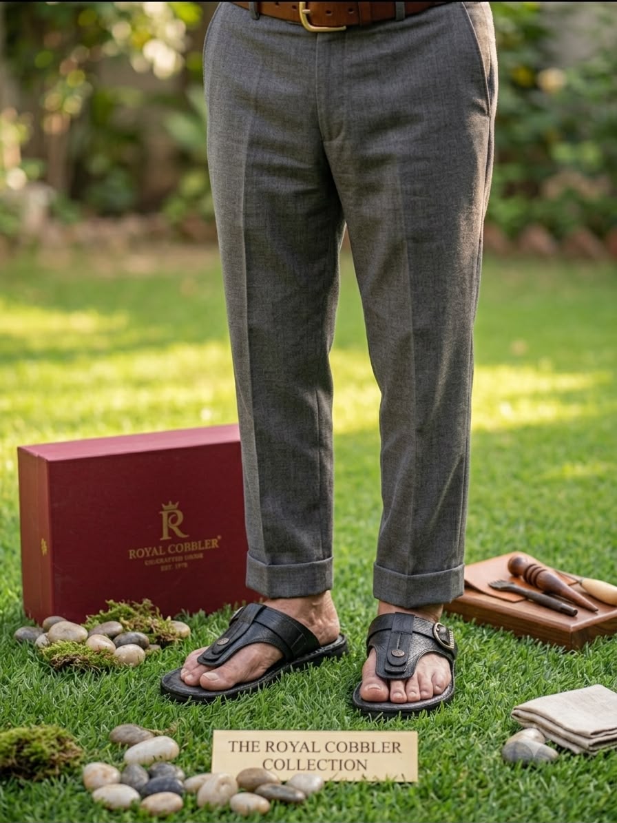 The Royal Cobbler Collection - Men's Handcrafted Genuine Leather Kolhapuri Chappal, Black, Code: B-1450