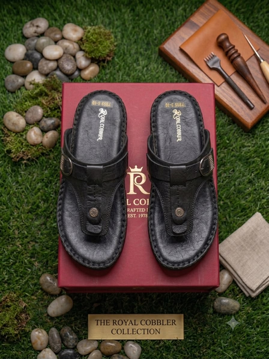 The Royal Cobbler Collection - Men's Handcrafted Genuine Leather Kolhapuri Chappal, Black, Code: B-1450